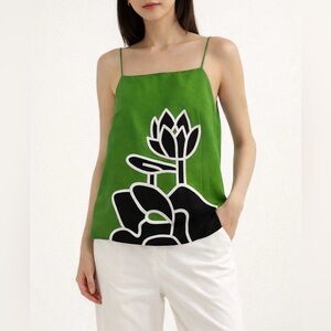 Mascot Green Floral-Graphic Spaghetti Strap Silk Front Abstract Art Crop Size M